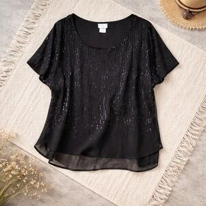 ROAMANS 3X Black‎ Sequin Overlay Sheer Blouse Top Plus Size 26W NWT